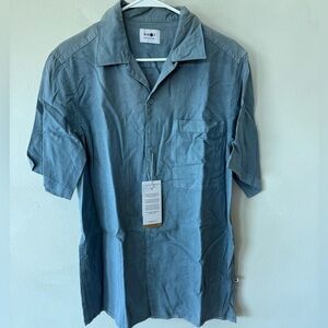 $175 NNO7 No Nationality T Top Shirt Mens small Blue Button Up Short Sleeve Flaw